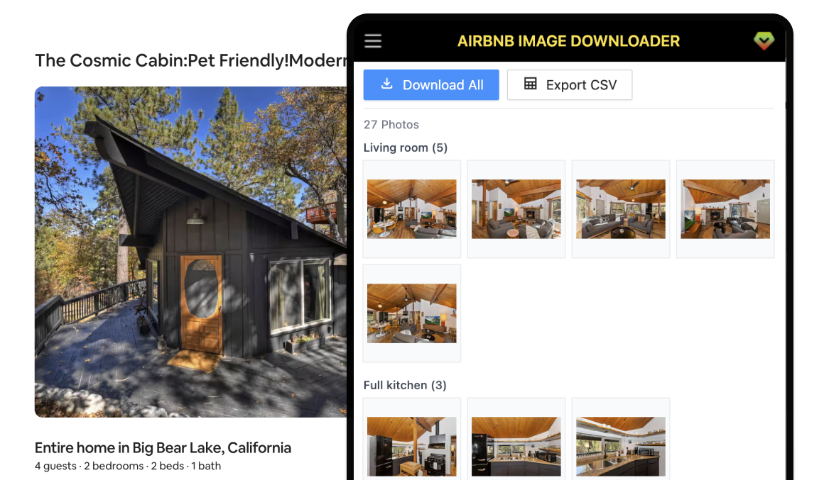 Airbnb Image Downloader extension sidebar on an Airbnb listing with Download All and room groups